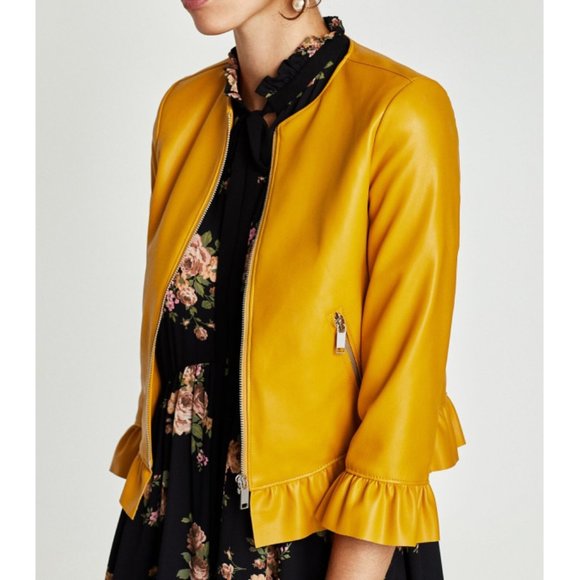 Zara Jackets & Blazers - Zara Frilled Jacket Mustard Moto Faux Leather Coat